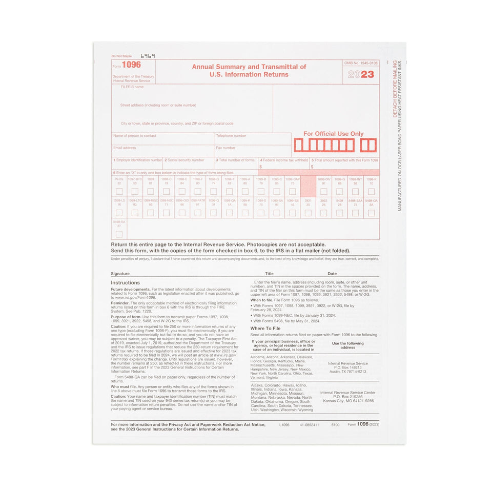 ComplyRight 1096 Transmittal Tax Forms, Laser, 8-1/2" X 11", Pack Of 50 Forms