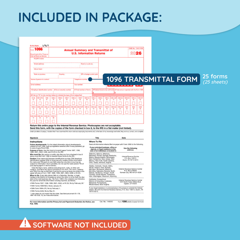 2026 Blue Summit Supplies 1096 Transmittal Tax Forms Summary Laser Forms, Compatible with QuickBooks and Accounting Software, 25 Pack