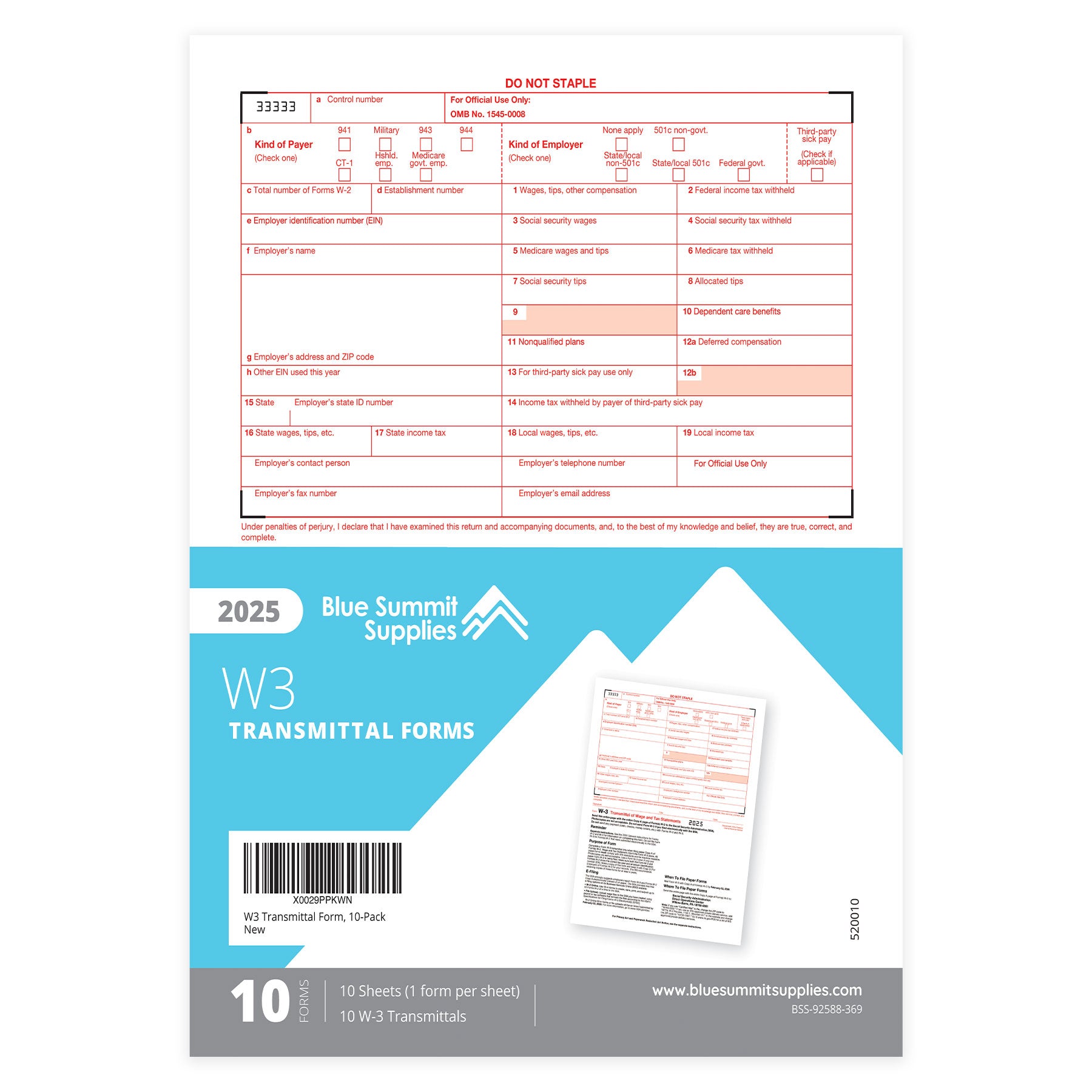 2025 Blue Summit Supplies Tax Forms, W3 Transmittal Tax Forms, 10-Coun