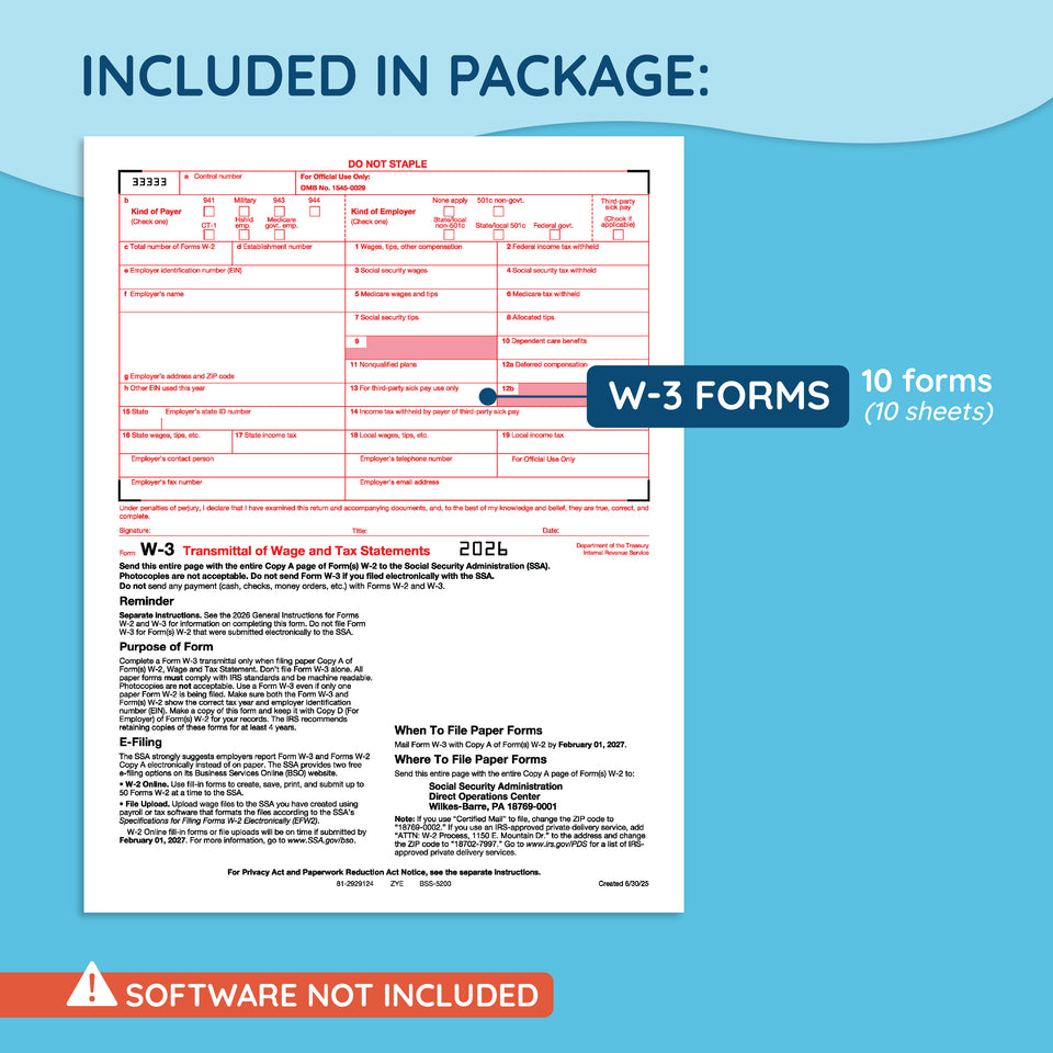 2026 Blue Summit Supplies Tax Forms, W3 Transmittal Tax Forms, 10-Count