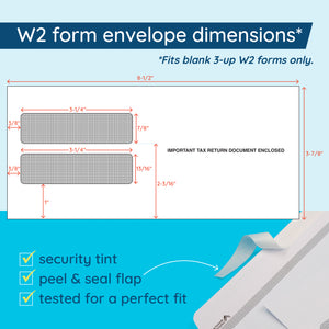 Blue Summit Supplies 100 W2 Envelopes for 3-Up Horizontal W2 Forms, Peel & Seal, Security Tint, 100 Pack