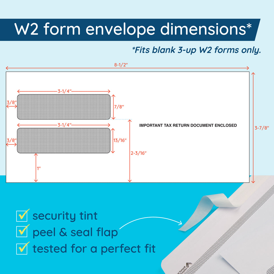 Blue Summit Supplies 100 W2 Envelopes for 3-Up Horizontal W2 Forms, Peel & Seal, Security Tint, 100 Pack