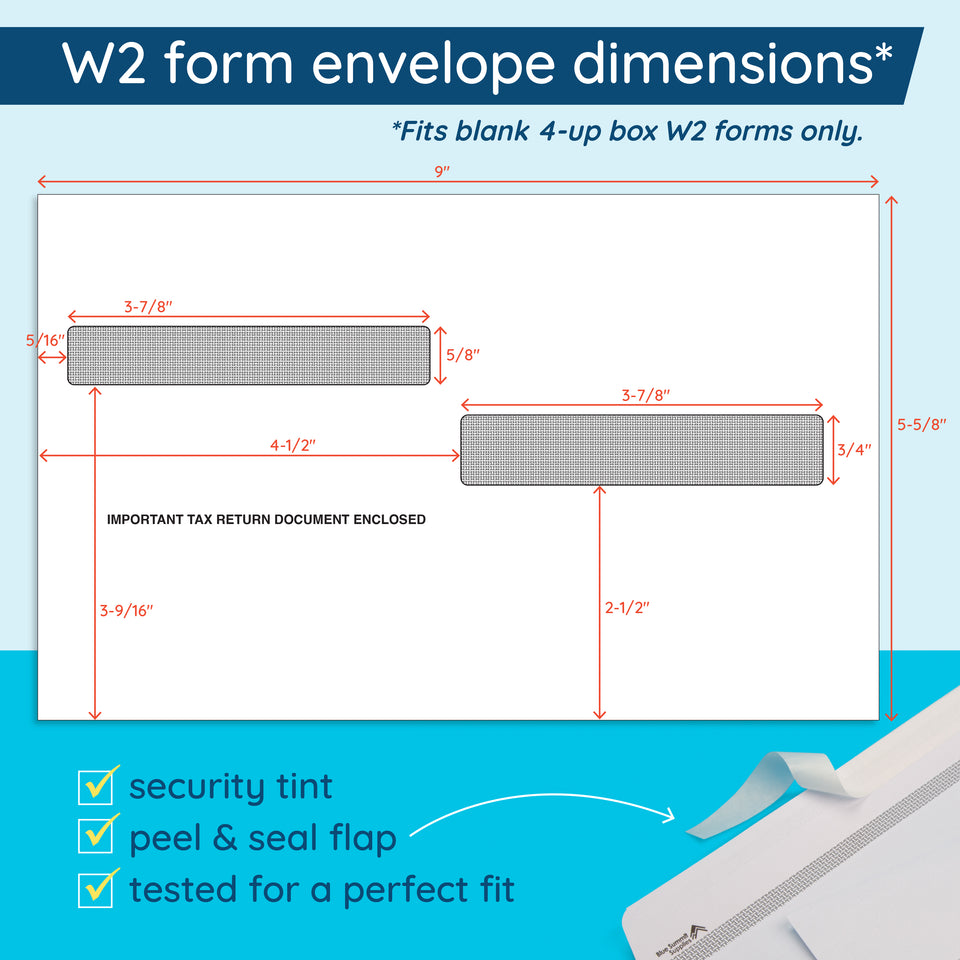 Blue Summit Supplies Envelopes, 4-Up W2 Tax Form Envelopes, Self Seal, 25 Pack