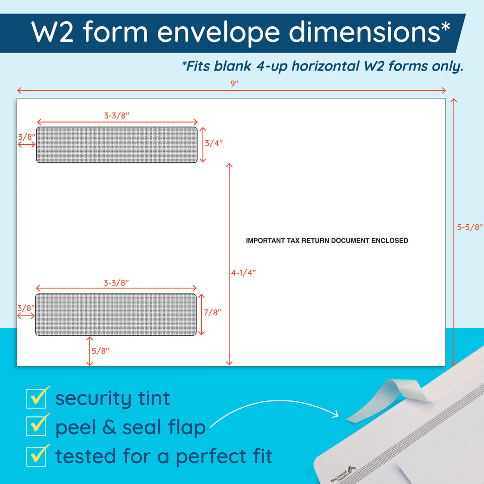 Blue Summit Supplies 25 W2 Envelopes for 4-Up Horizontal Blank W2 Forms, Peel & Seal, Security Tint, 25 Pack
