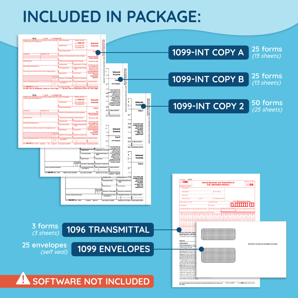 2026 Blue Summit Supplies Tax Forms, 1099 INT 4 Part Tax Forms Bundle with Seal Seal Envelopes, 25-Count