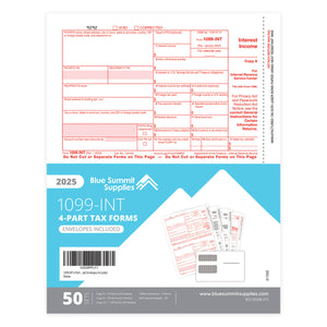 2025 Blue Summit Supplies Tax Forms, 1099 INT 4 Part Tax Forms Bundle with Seal Seal Envelopes, 50-Count