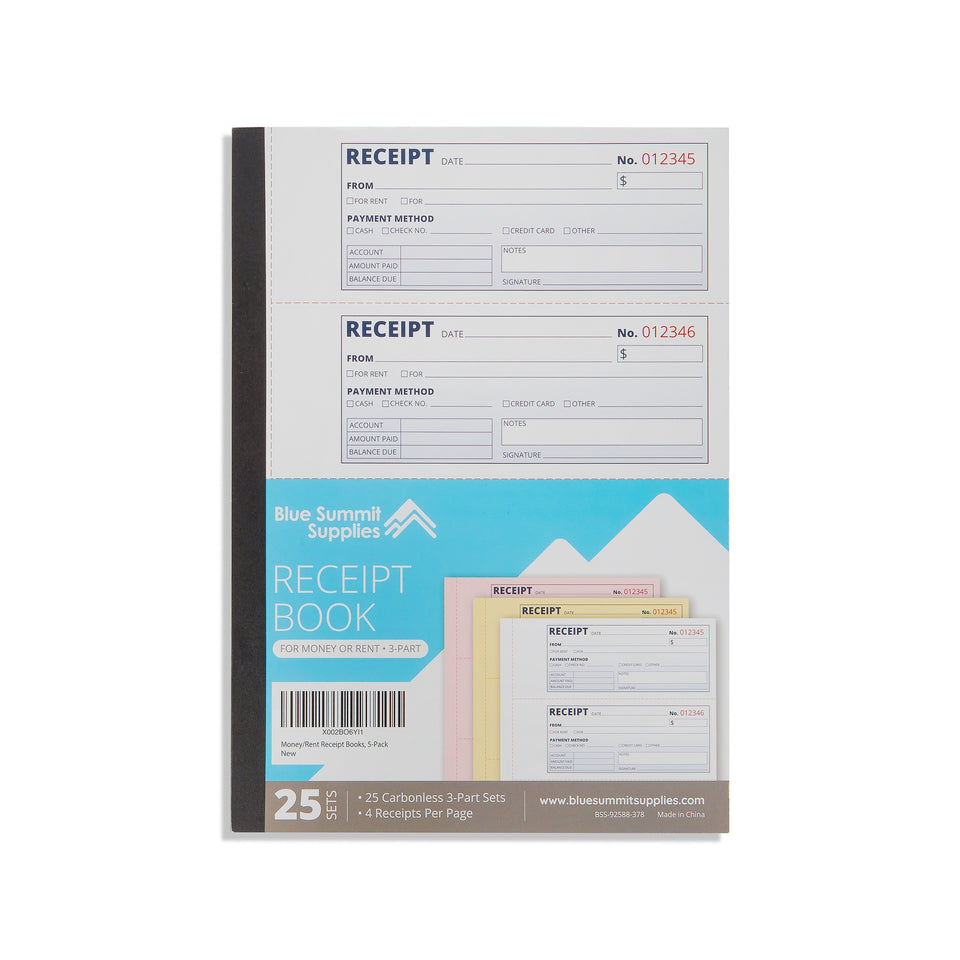 Blue Summit Supplies Receipt Books with 3-Part Carbonless Forms, 5 Pack