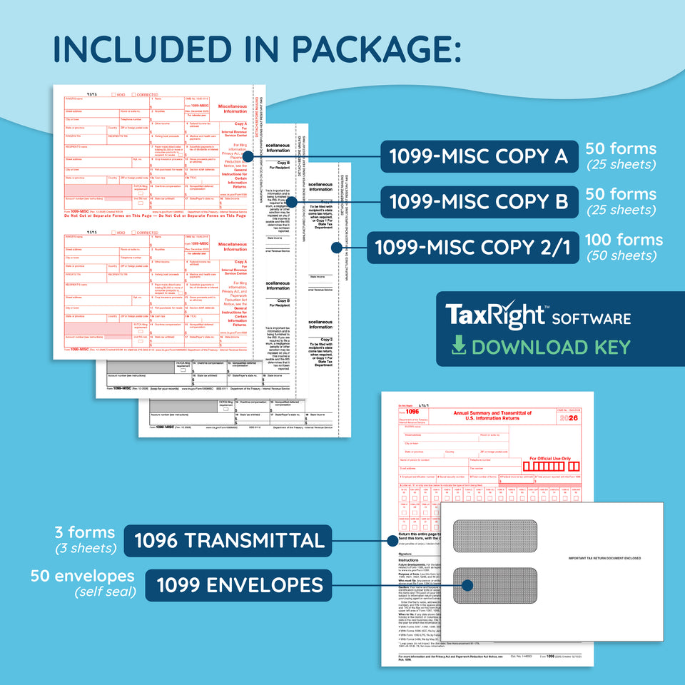 2026 Blue Summit Supplies Tax Forms, 1099 MISC 4 Part Tax Forms Bundle with Software and Self Seal Envelopes, 25 Pack