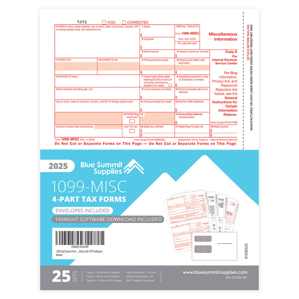 2025 Blue Summit Supplies Tax Forms, 1099 MISC 4 Part Tax Forms Bundle with Software and Self Seal Envelopes, 25-Count