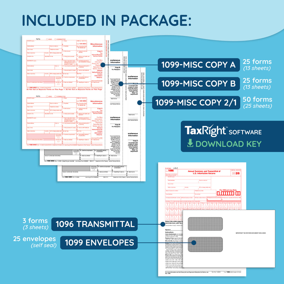 2026 Blue Summit Supplies Tax Forms, 1099 MISC 4 Part Tax Forms Bundle with Software and Self Seal Envelopes, 25-Count