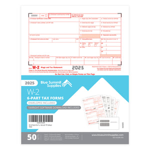 2025 Blue Summit Supplies Tax Forms, W2 6 Part Tax Forms Bundle with Software and Self Seal Envelopes, 50-Count
