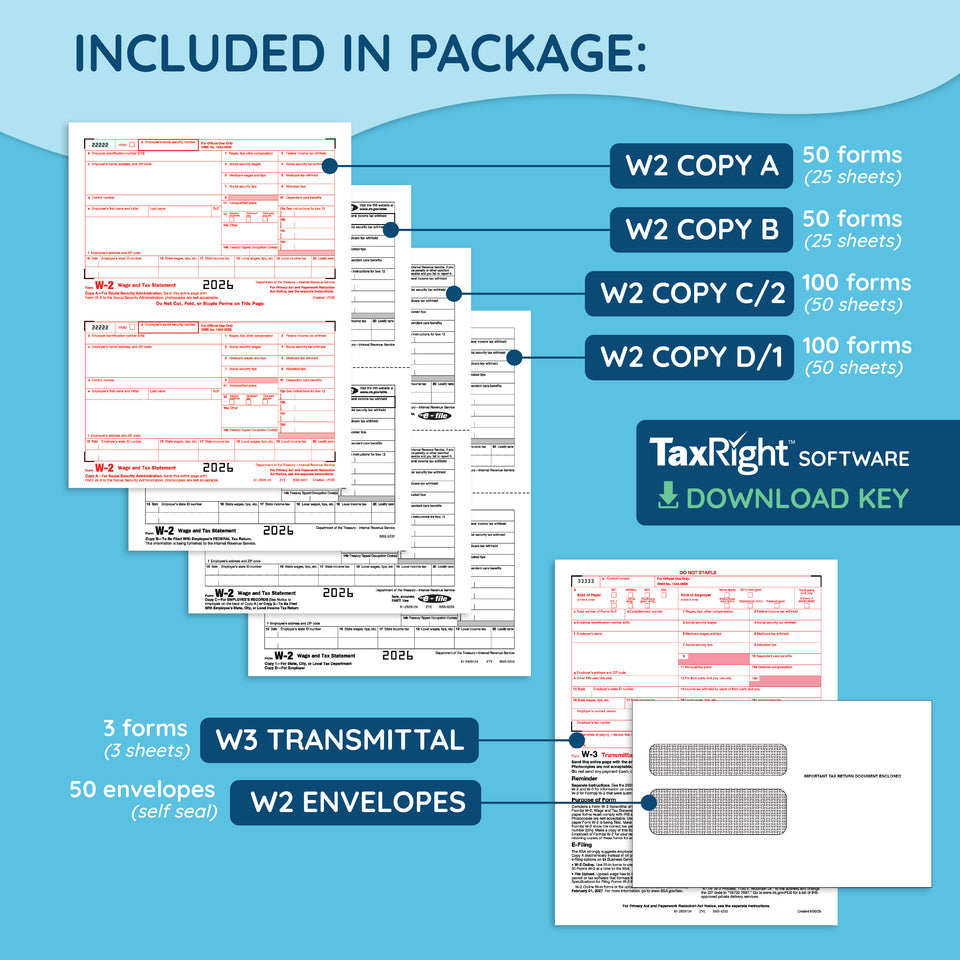 2026 Blue Summit Supplies Tax Forms, W2 6 Part Tax Forms Bundle with Software and Self Seal Envelopes, 50-Count