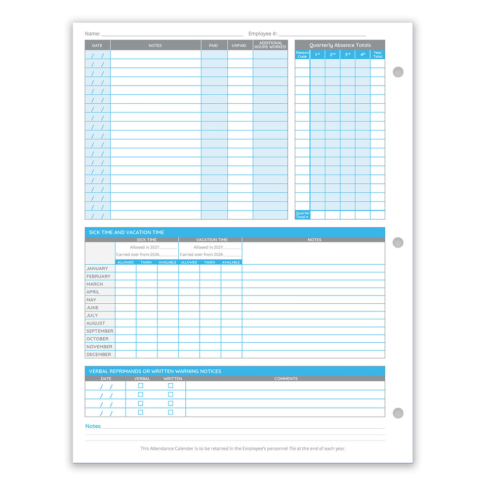 Blue Summit Supplies Employee 2027 Attendance Sheets, Hole Punched, 50 Pack