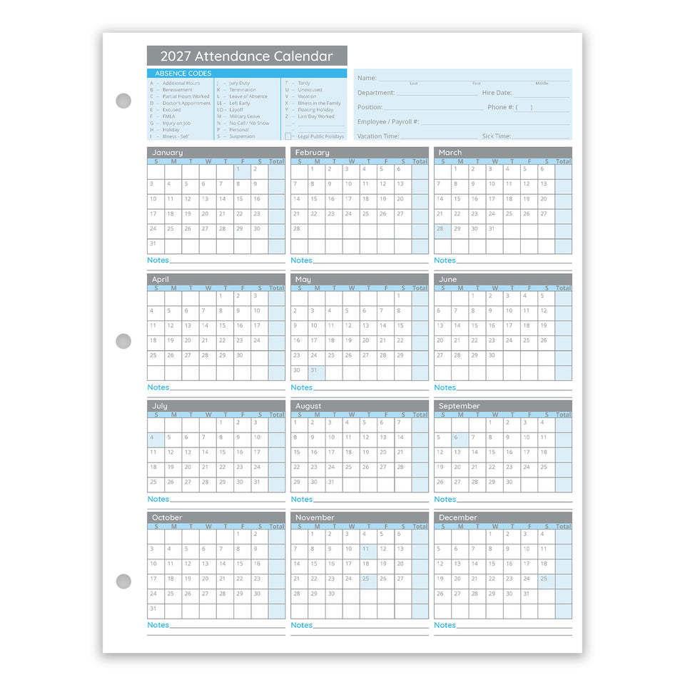 Blue Summit Supplies Employee 2027 Attendance Sheets, Hole Punched, 50 Pack
