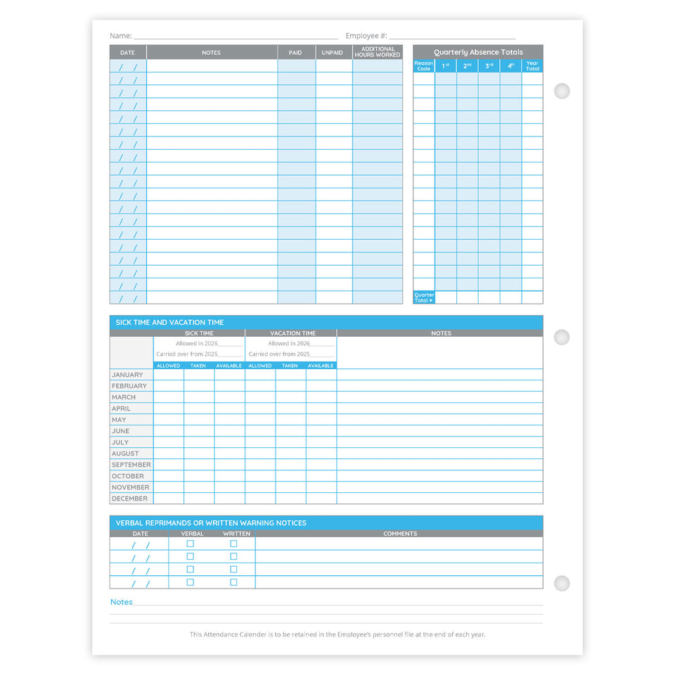 Blue Summit Supplies Employee 2026 Attendance Sheets, Hole Punched, 50 Pack