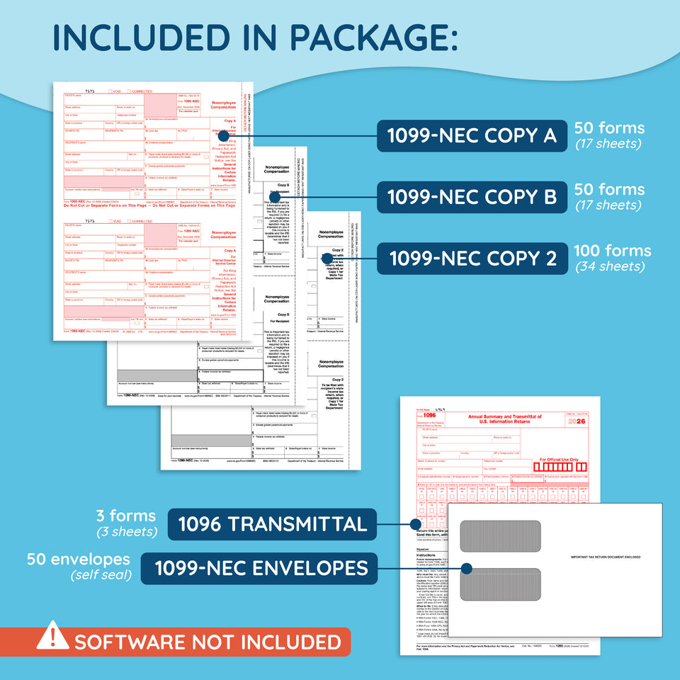 2026 Blue Summit Supplies Tax Forms, 1099-NEC 4-Part Tax Form BUNDLE, 50-Pack