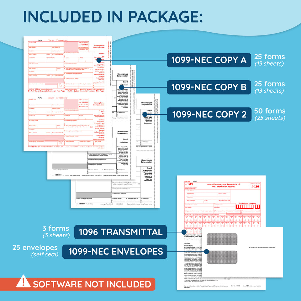 2026 Blue Summit Supplies Tax Forms, 1099-NEC Self-Seal 4-Part Tax Form BUNDLE, 25-Pack