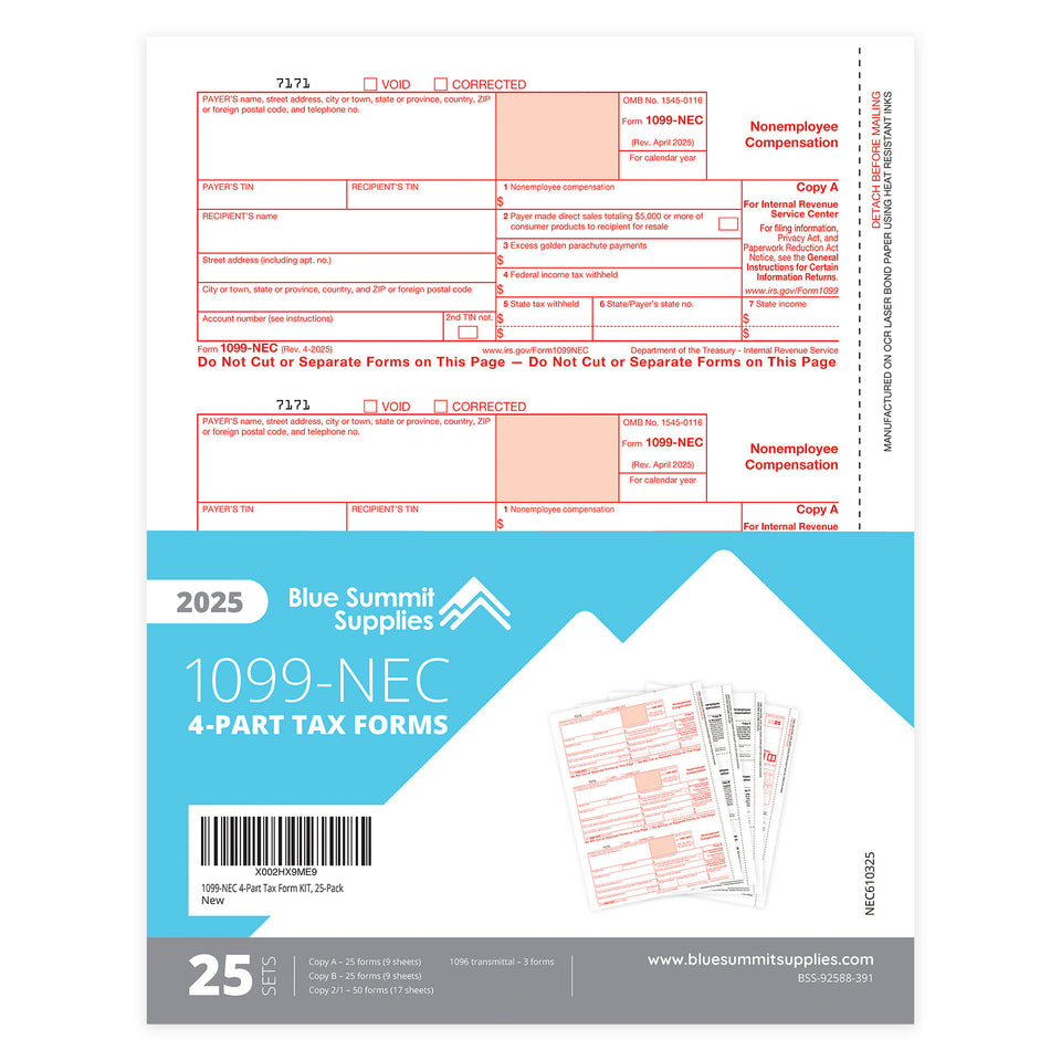 2025 Blue Summit Supplies Tax Forms, 1099-NEC 4-Part Tax Form KIT, 25-Pack