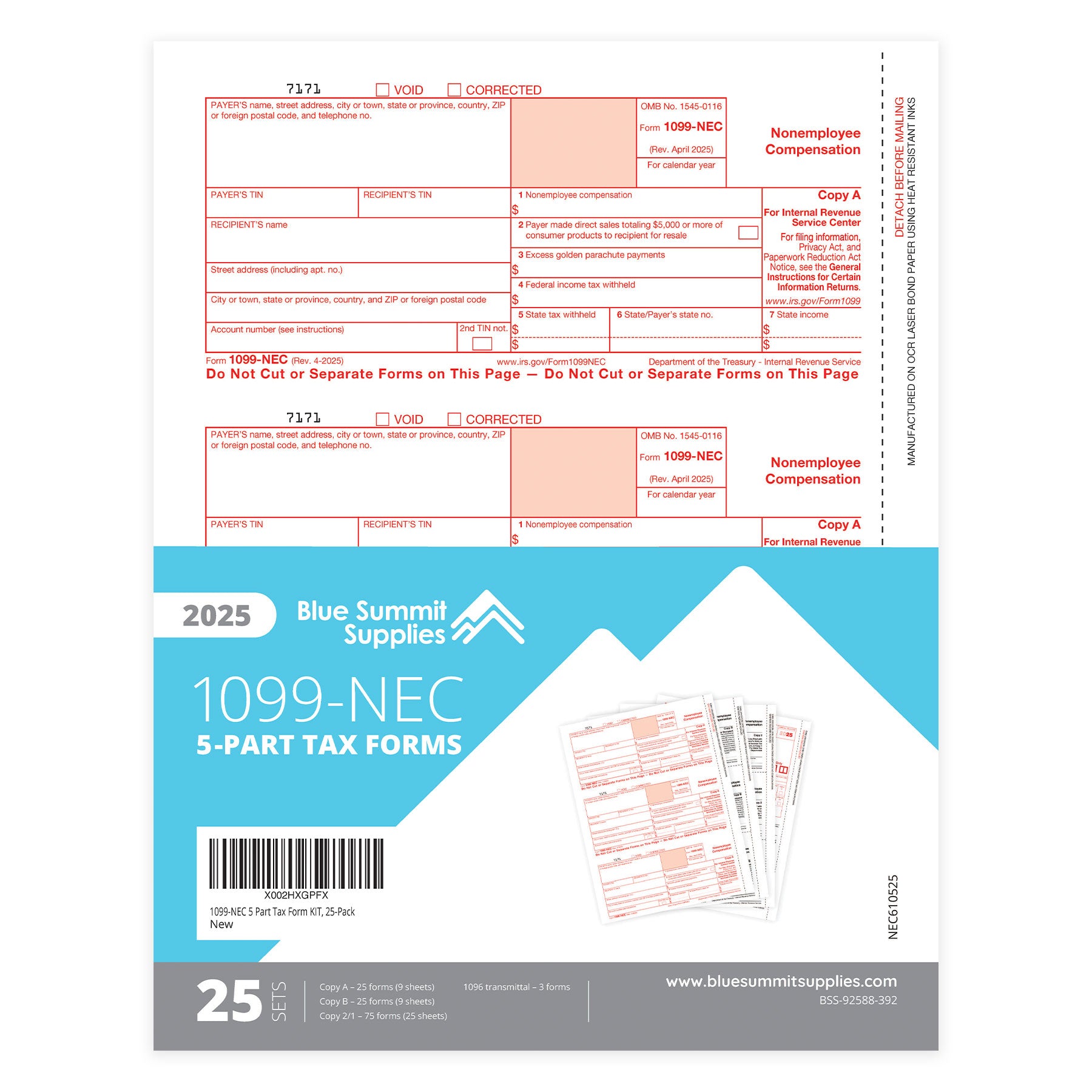 2025 Blue Summit Supplies Tax Forms, 1099-NEC 5 Part Tax Form KIT, 25-