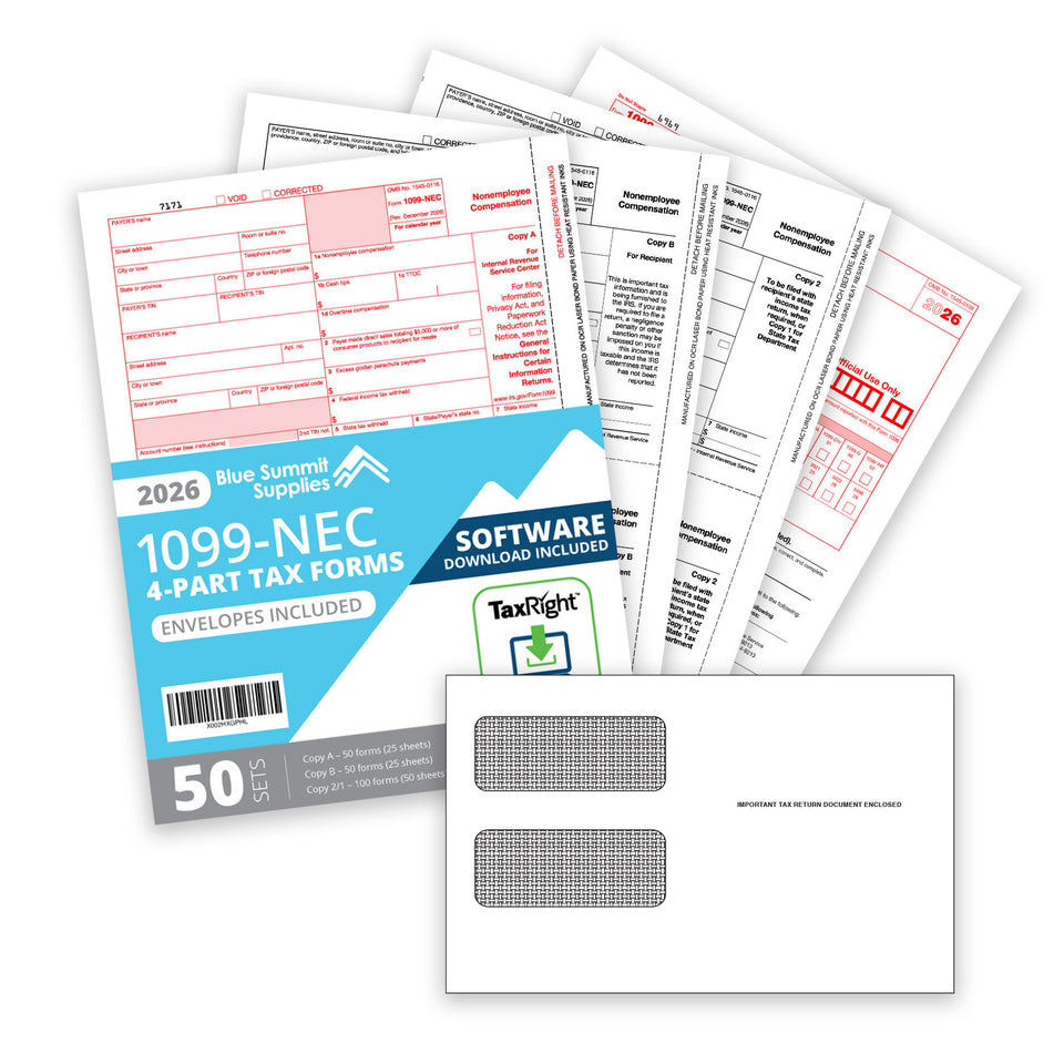 2026 Blue Summit Supplies Tax Forms, 1099-NEC 4-Part Tax Form BUNDLE, with Software, 50-Pack