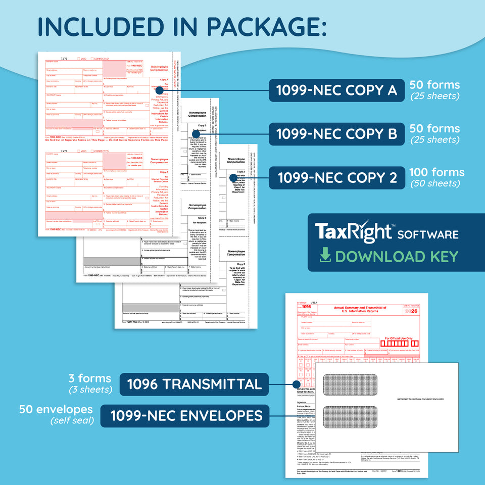 2026 Blue Summit Supplies Tax Forms, 1099-NEC 4-Part Tax Form BUNDLE, with Software, 50-Pack