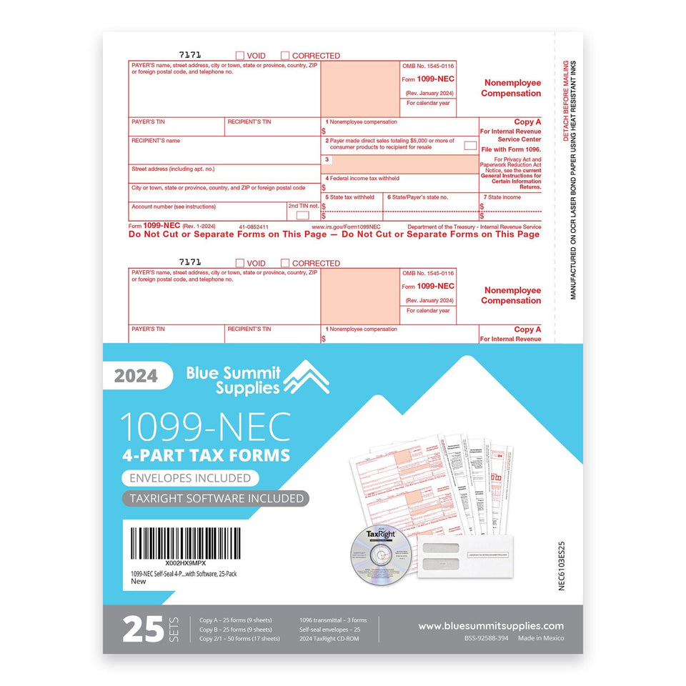 2024 Blue Summit Supplies Tax Forms, 1099-NEC Self-Seal 4-Part Tax For 2024-blue-summit-supplies-tax-forms-1099-nec-self-seal-4-part-tax-for