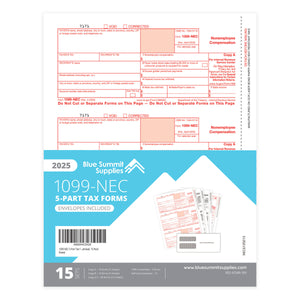 2025 Blue Summit Supplies Tax Forms, 1099-NEC 5-Part Tax Form BUNDLE, 15-Pack