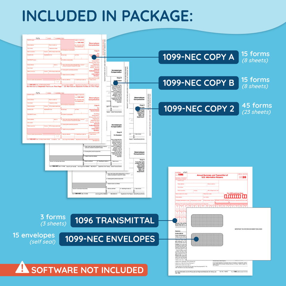2026 Blue Summit Supplies Tax Forms, 1099-NEC 5-Part Tax Form BUNDLE, 15-Pack
