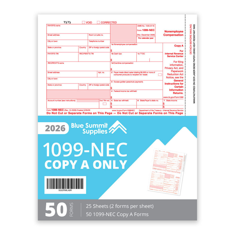 2026 Blue Summit Supplies Tax Forms, 1099-NEC Copy A Forms, 50-Pack (17 Sheets)
