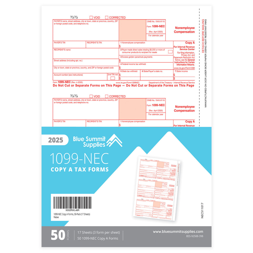 2025 Blue Summit Supplies Tax Forms, 1099-NEC Copy A Forms, 50-Pack (17 Sheets)