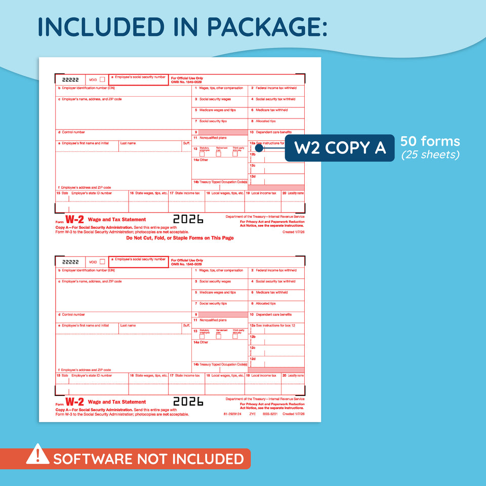 2025 Blue Summit Supplies Tax Forms, W2 Copy A Forms, 50-Pack (25 Sheets)