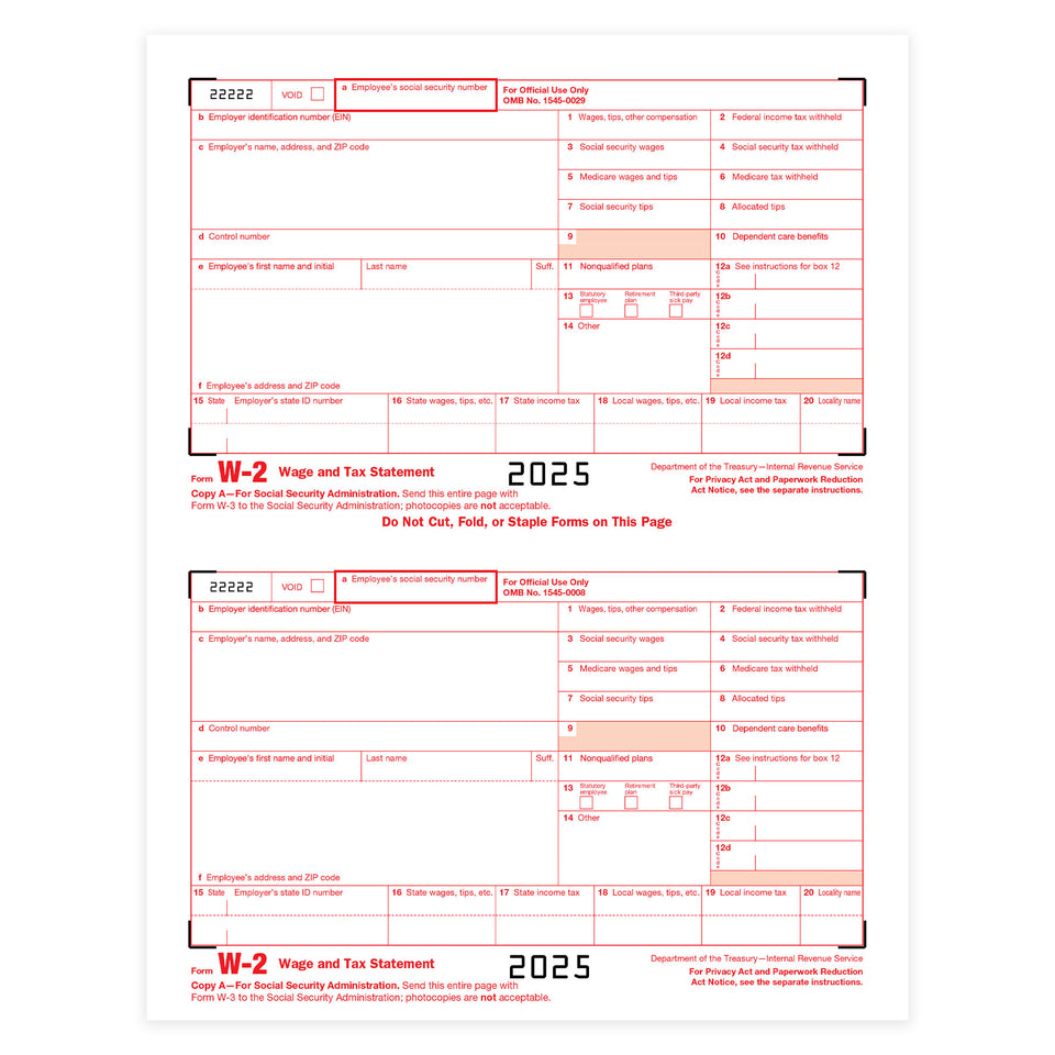 2025 Blue Summit Supplies Tax Forms, W2 Copy A Forms, 50-Pack (25 Sheets)