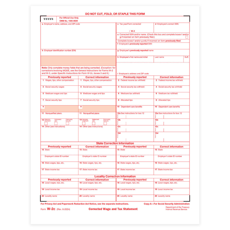 2025 Blue Summit Supplies W2-C Wage Corrected & Tax Statement Form, 25 Pack