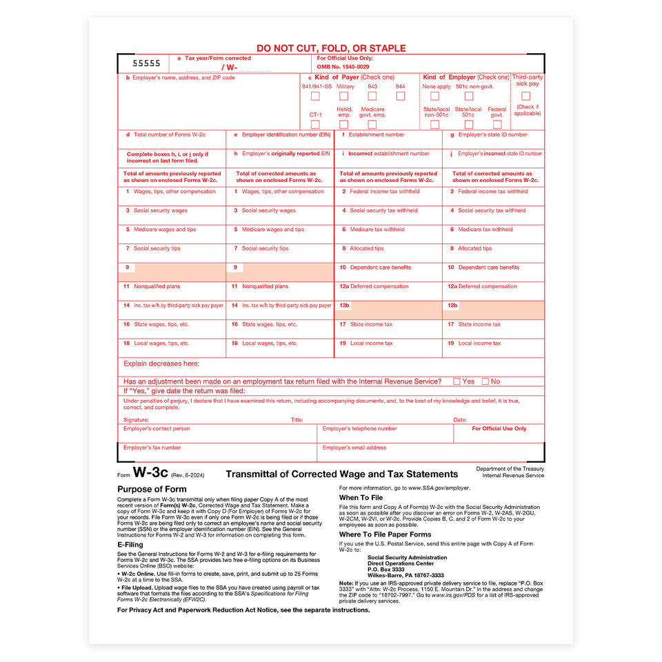 2024 Blue Summit Supplies W3-C Wage Correction Form, 5 Pack