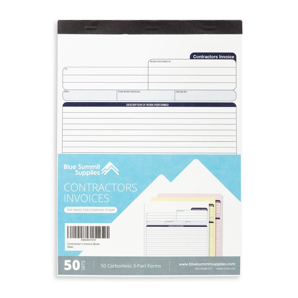 Contractors Invoice Book with 3-Part Carbonless Forms, 50 Sets Business Forms Blue Summit Supplies 