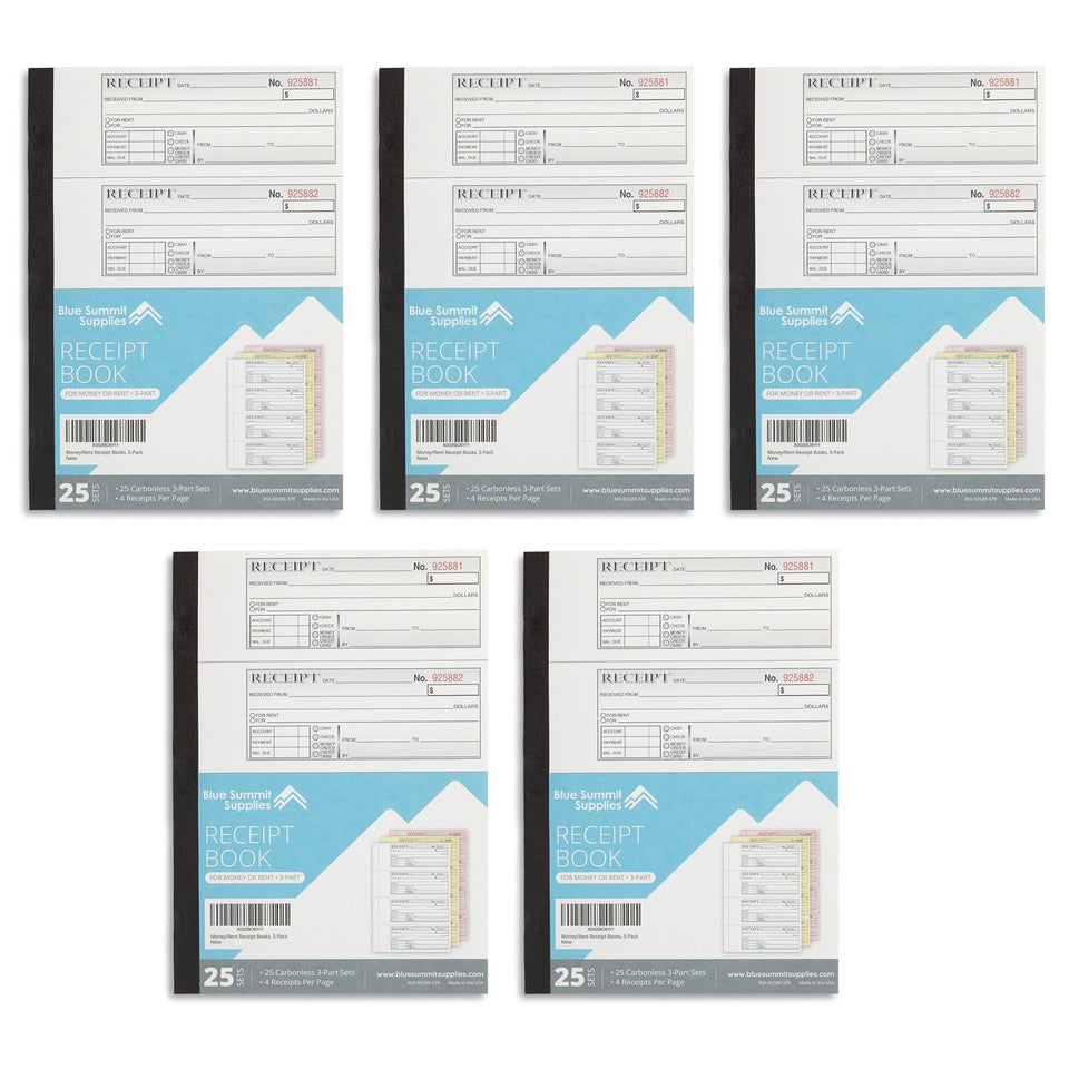 Blue Summit Supplies Triplicate Receipt Book 100 per Book 500 Total 5 Pack 3 Part Carbonless Payment Receipt Books for Money Rent or Cash with