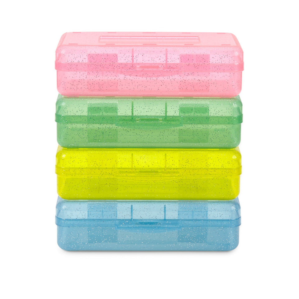 Glitter Plastic Pencil Box, 4 Pack Pencil Boxes Blue Summit Supplies 