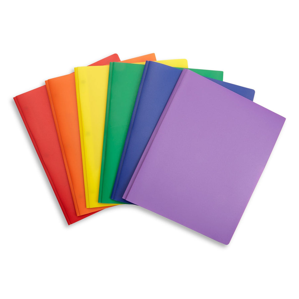 Plastic Two Pocket Folders with Prongs, Assorted Colors, 6 Pack Folders Blue Summit Supplies 