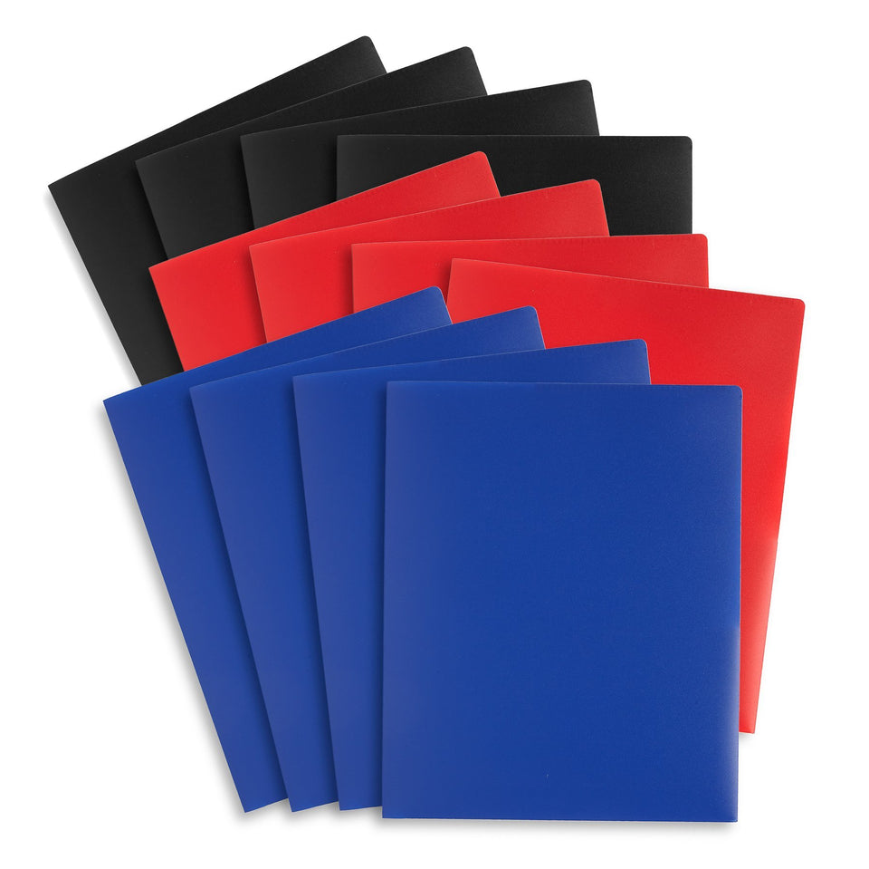 Plastic Two-Pocket Folders with Reinforced Corners, Assorted Bold Colors, 12 Pack Folders Blue Summit Supplies 