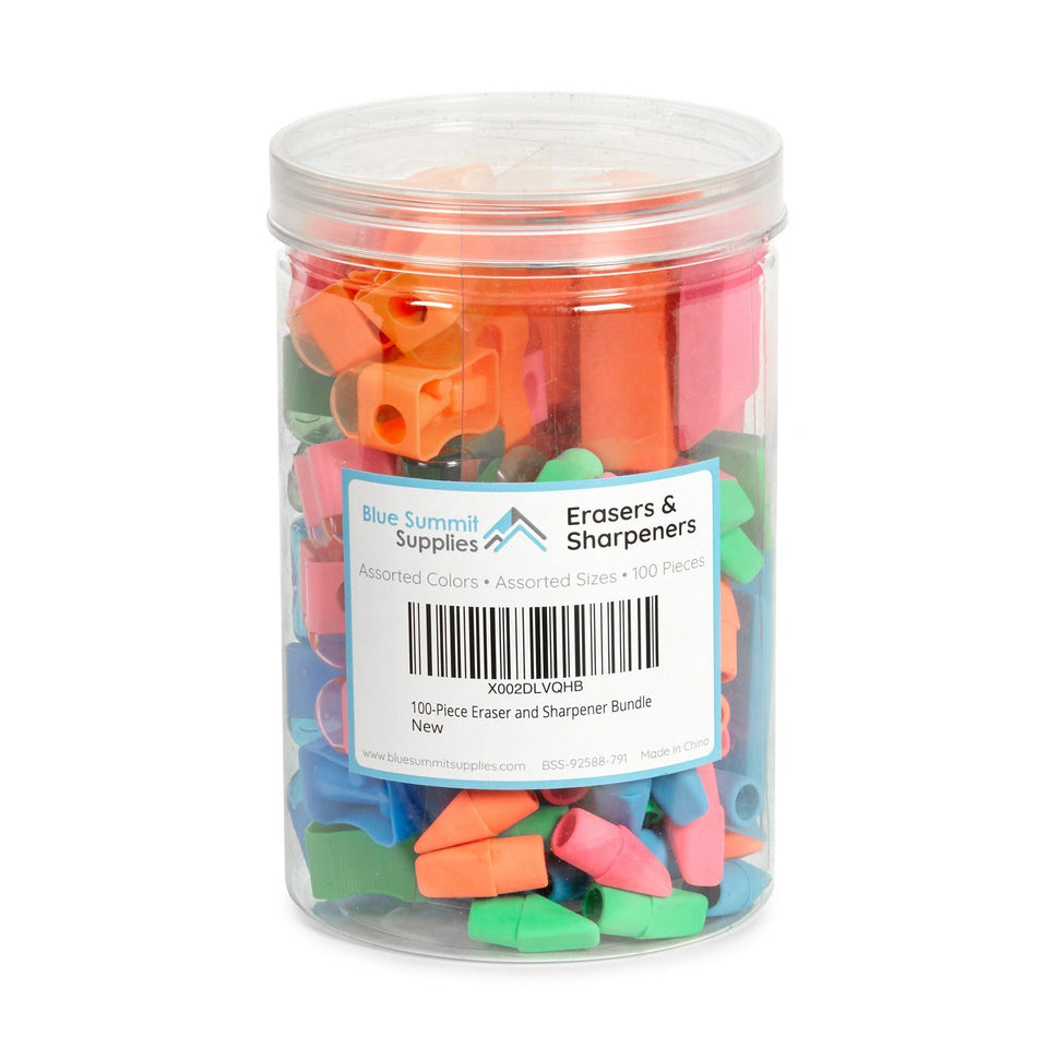 Colorful Pencil Sharpener & Eraser Bundle, 100 Pieces Accessories Blue Summit Supplies 
